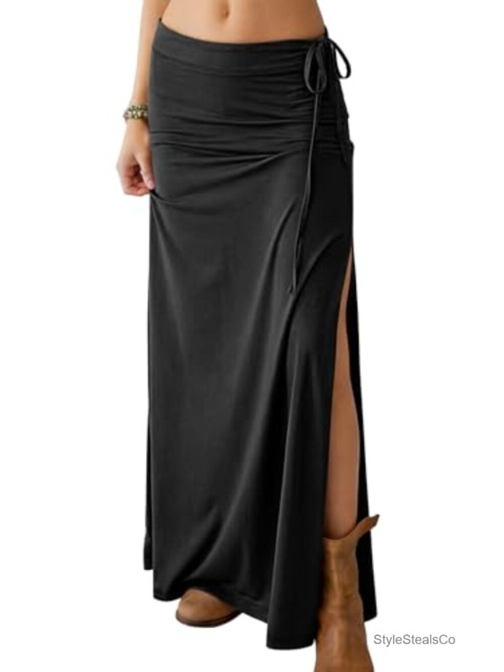 High Waisted Side Slit Maxi Skirt Flowy Boho Beach Long Skirt with Drawstring